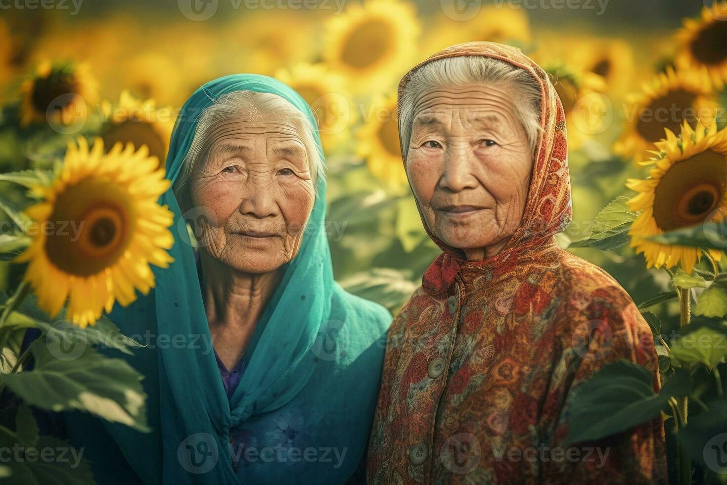 ai generato mongolo vecchio donne nel girasole campo. creare ai foto