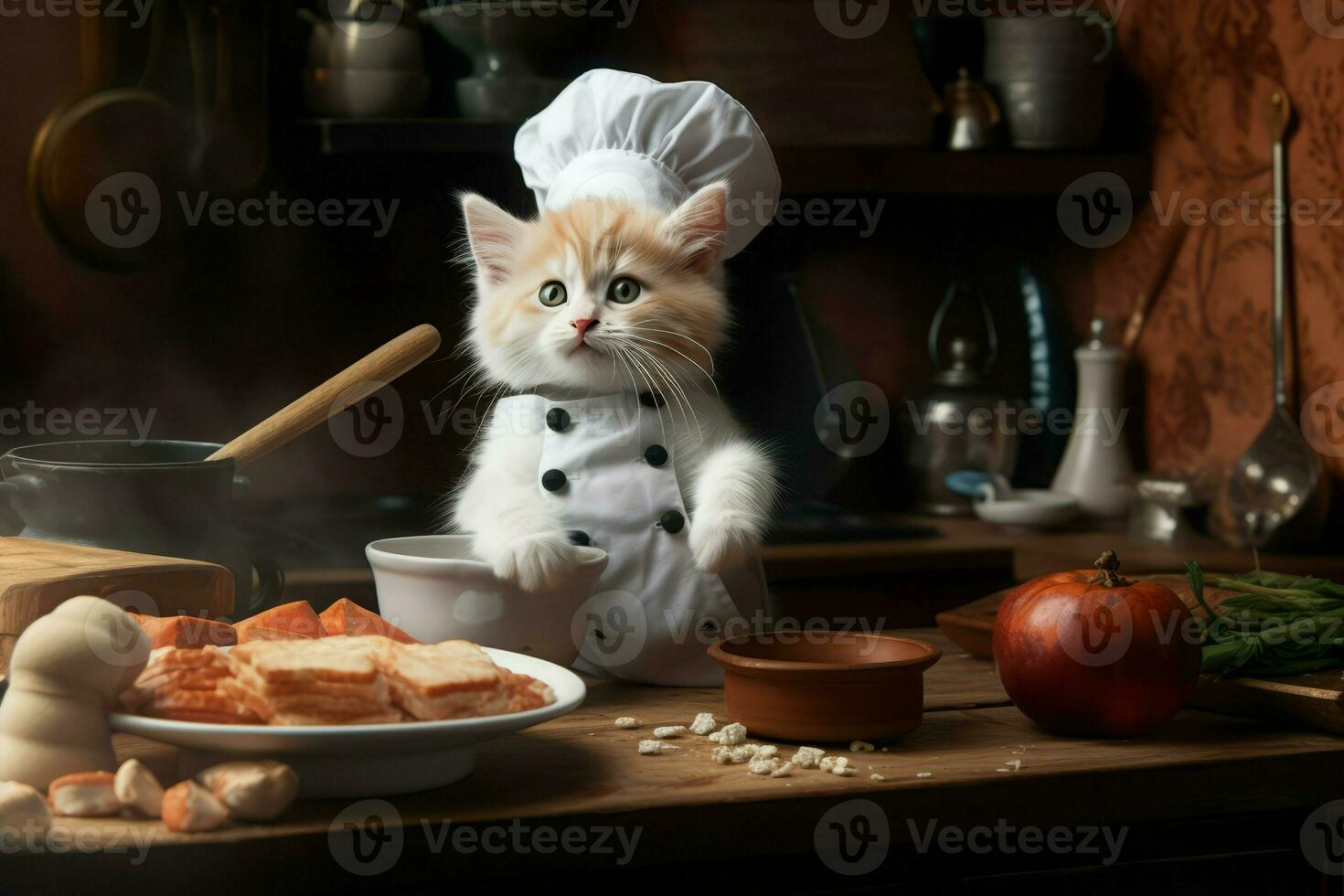 ai generato gattino capocuoco cucinando nel cucina. creare ai foto