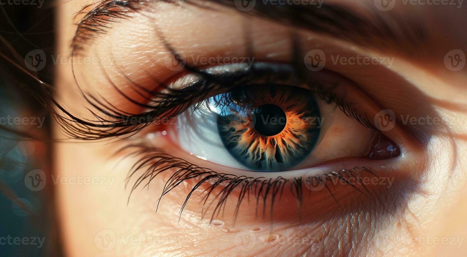 ai generato vicino su di un' femmina occhio, allievo di occhio, avvicinamento di verde colorato occhio, colorato occhio, bellissimo colorato occhio vicino su foto