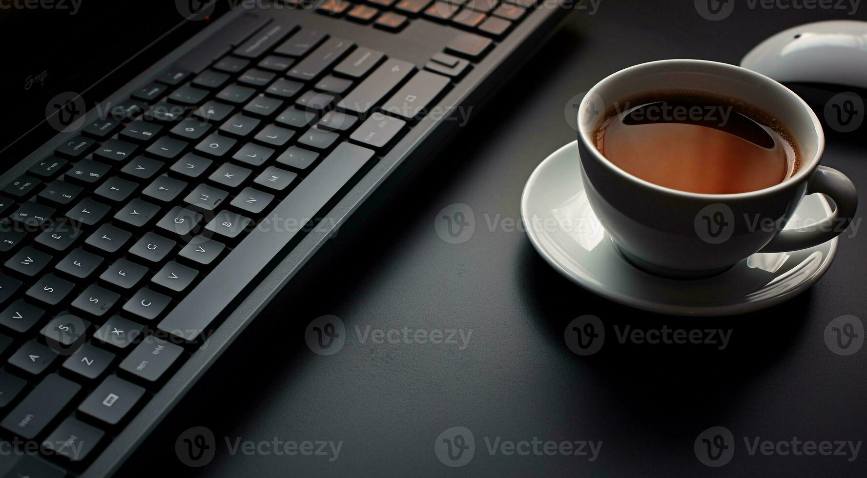 ai generato avvicinamento di tazza di caffè e il computer portatile tastiera del computer, attività commerciale mans tavolo, tastiera su il tavolo, avvicinamento di il computer portatile tastiera del computer, tastiera e tazza di caffè foto