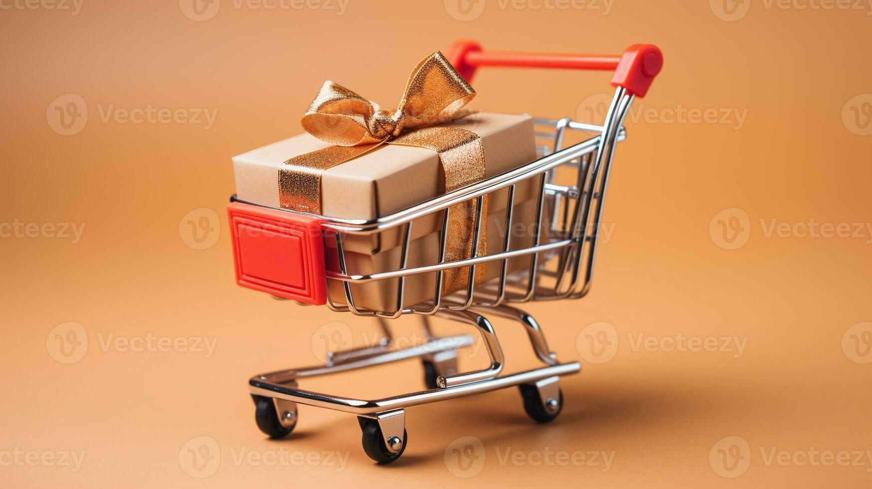 ai generato mini shopping carrello con regalo scatola su arancia sfondo, festivo shopping concetto foto