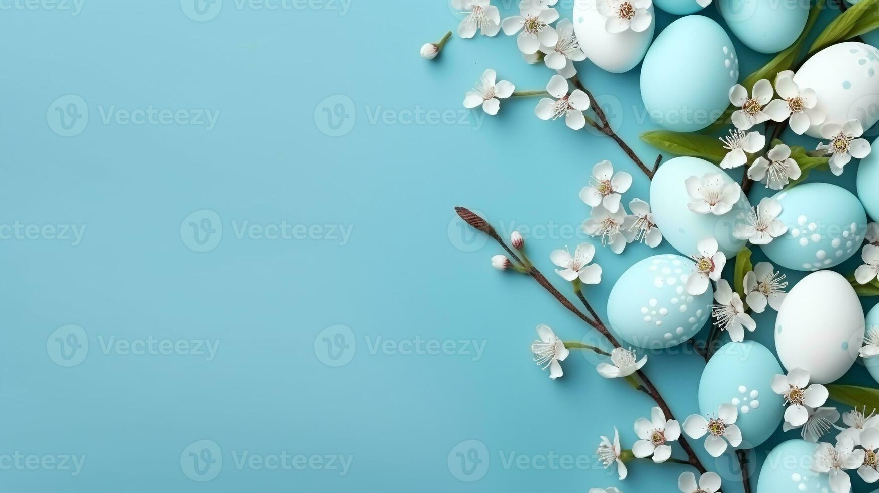 ai generato primavera Pasqua sfondo con pastello blu uova e ciliegia fiori su turchese sfondo, Perfetto per di stagione saluto carte e vacanza sfondi. foto