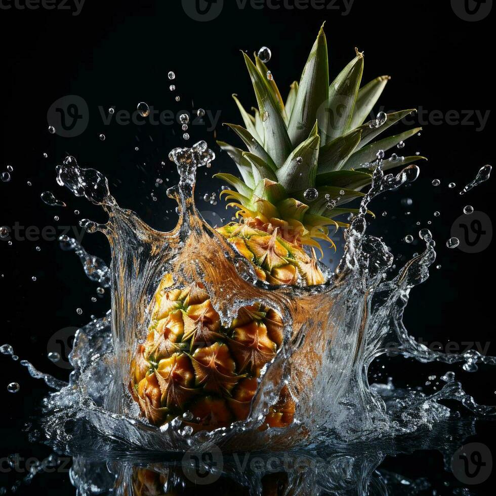 ai generato ananas abbattere in il acqua con spruzzi nero sfondo foto