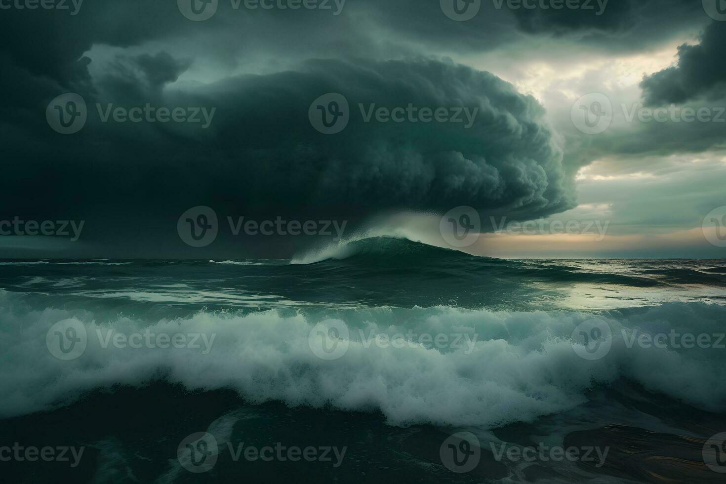 ai generato il Perfetto fungo nube tempesta al di sopra di il mare. neurale Rete ai generato foto