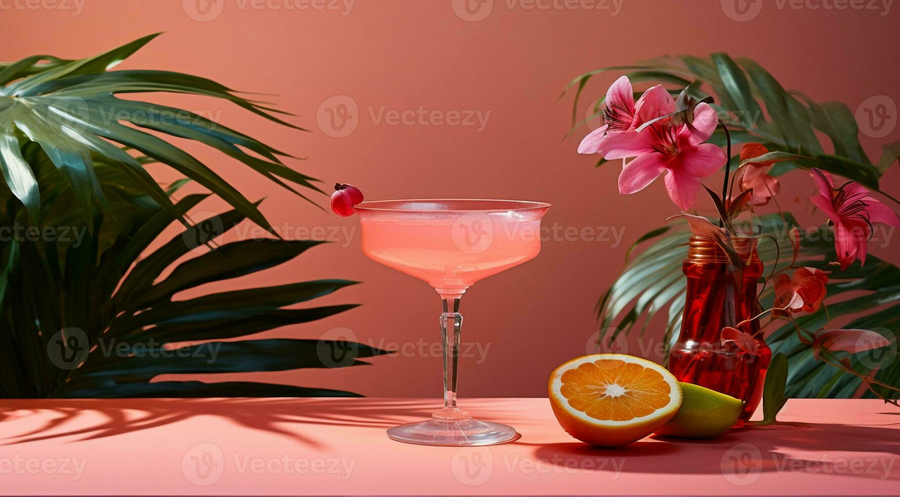 ai generato colorato bicchiere di coctail su il astratto sfondo, tropicale coctail su il tavolo foto