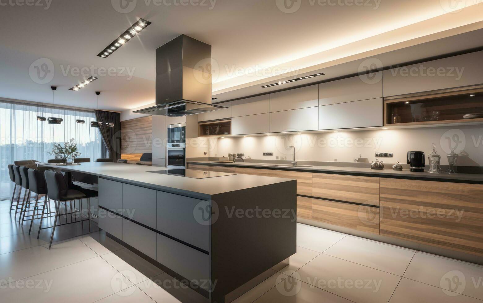 ai generato un' pulito e minimalista moderno cucina interno design foto
