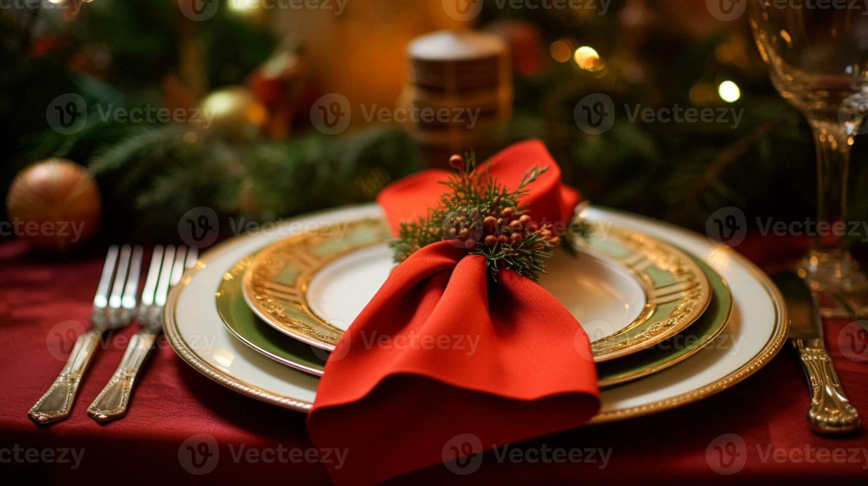 ai generato tavolo arredamento, vacanza tablescape e formale cena tavolo ambientazione per Natale, vacanze e evento celebrazione, inglese nazione decorazione e casa messa in piega foto