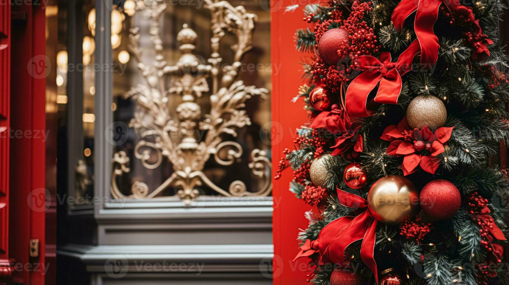 ai generato Natale decorazione dettagli su inglese styled lusso alto strada città memorizzare porta o shopping finestra Schermo, vacanza vendita e negozio arredamento foto