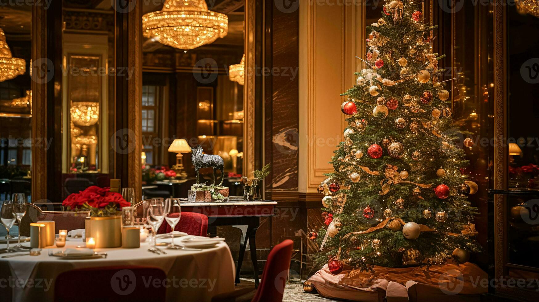 ai generato Natale vacanze e nuovo anno celebrazione, cena tavolo a un' lusso inglese styled ristorante o Hotel interno, Natale albero decorazione, vacanza festa e evento invito foto