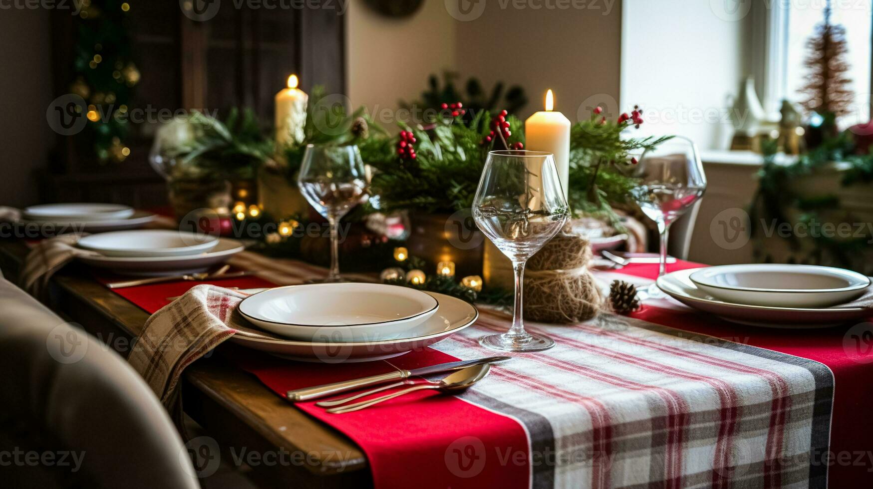 ai generato Natale vacanza famiglia colazione, tavolo ambientazione arredamento e festivo tavolozza, inglese nazione e casa messa in piega foto