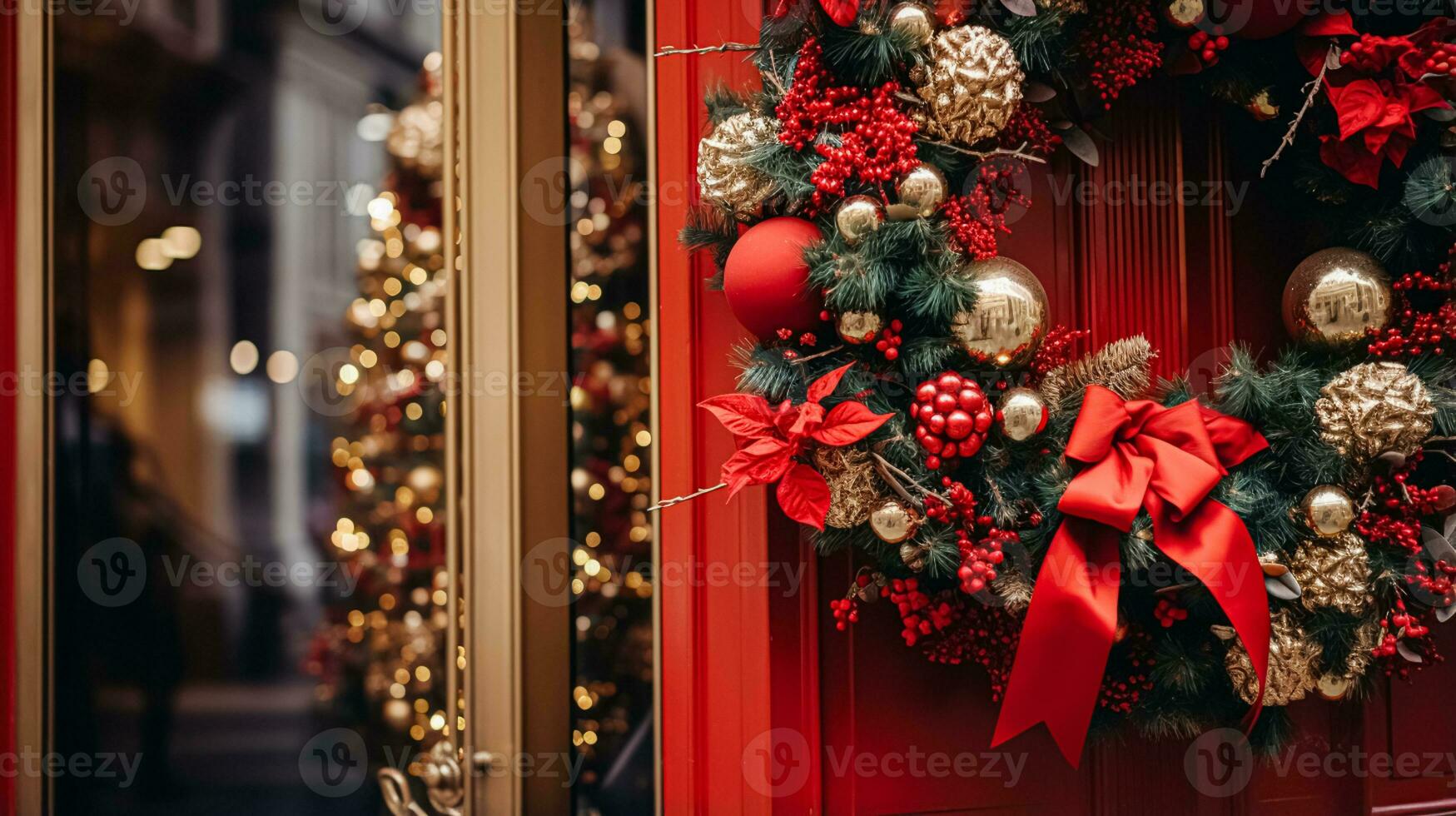 ai generato Natale decorazione dettagli su inglese styled lusso alto strada città memorizzare porta o shopping finestra Schermo, vacanza vendita e negozio arredamento foto