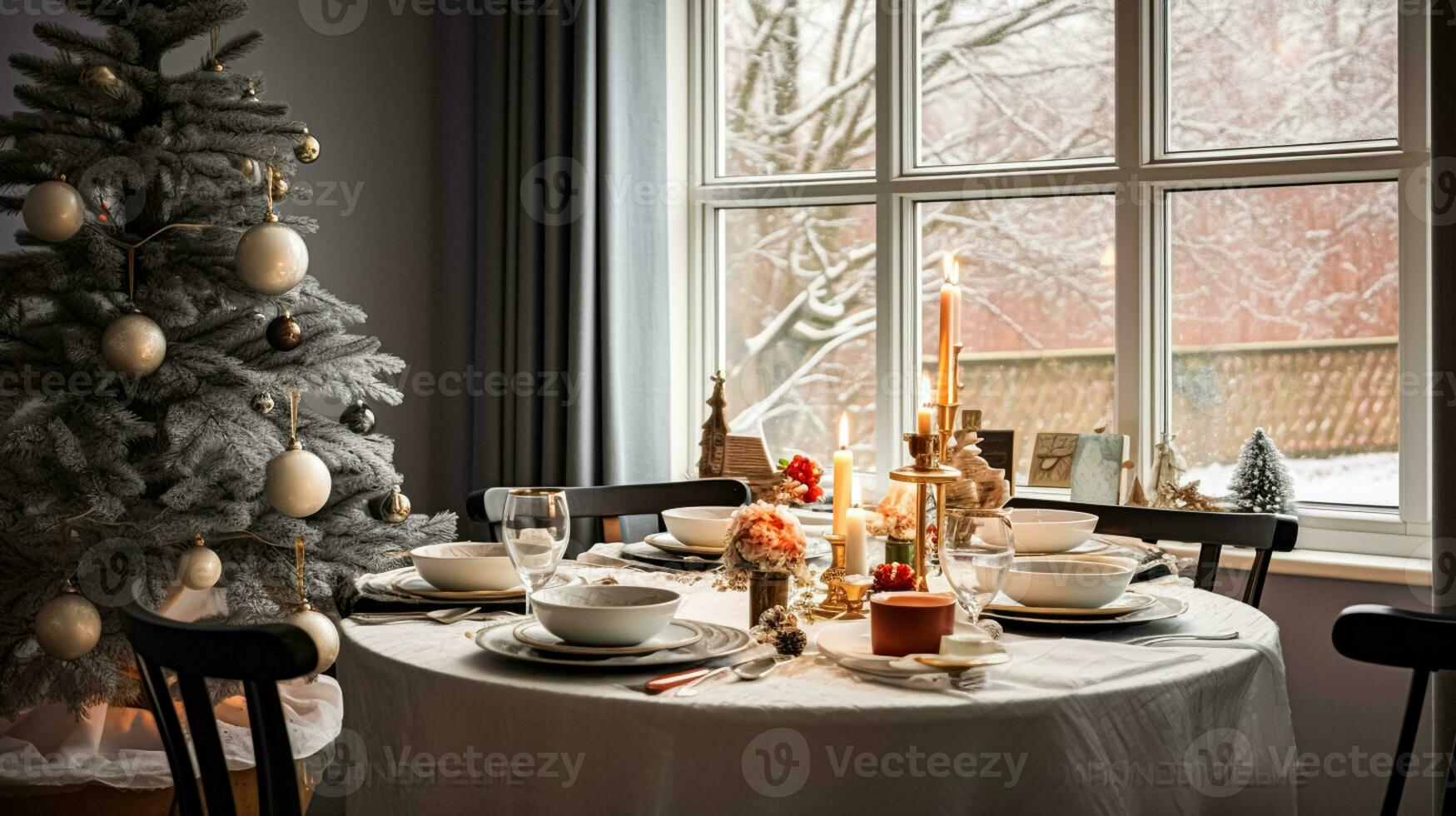 ai generato Natale vacanza famiglia colazione, tavolo ambientazione arredamento e festivo tavolozza, inglese nazione e casa messa in piega foto