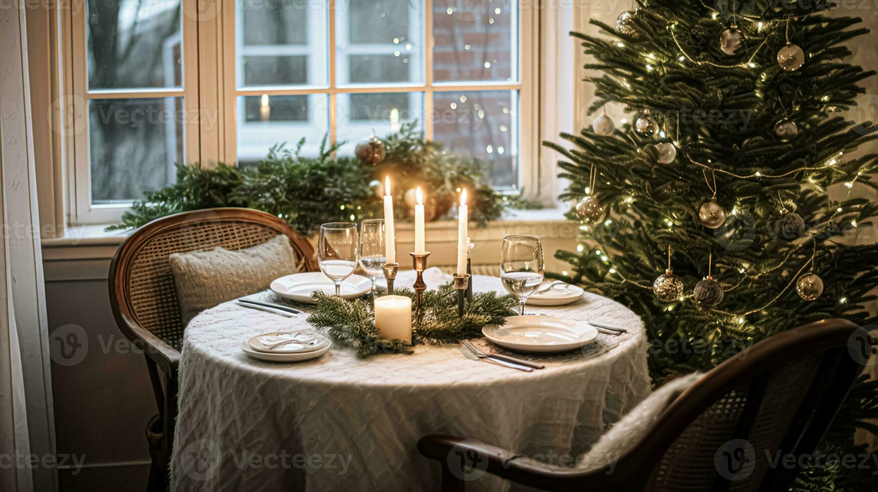 ai generato festivo Data notte tablescape idea, cena tavolo ambientazione per Due e Natale, nuovo anno, san valentino giorno arredamento, inglese nazione casa messa in piega foto