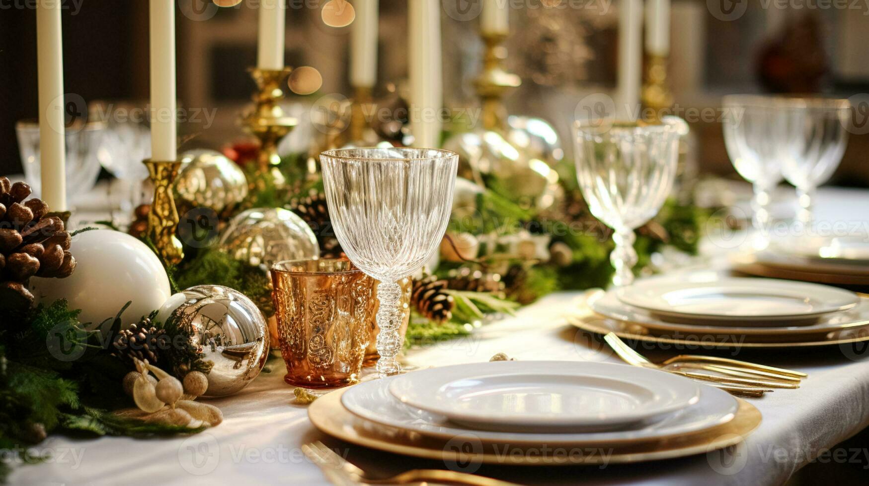 ai generato tavolo arredamento, vacanza tablescape e formale cena tavolo ambientazione per Natale, vacanze e evento celebrazione, inglese nazione decorazione e casa messa in piega foto