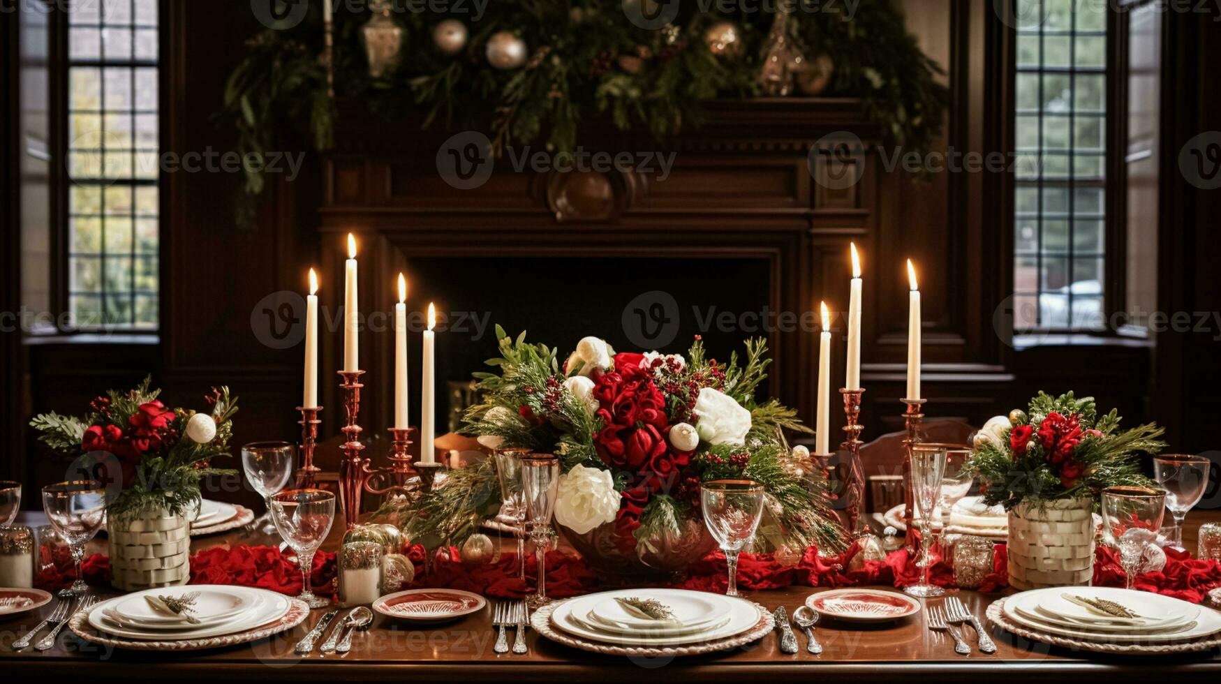 ai generato Natale a il maniero, vacanza tablescape e cena tavolo ambientazione, inglese campagna decorazione e interno arredamento foto