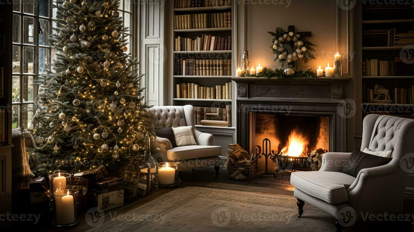 ai generato Natale a il maniero, inglese campagna decorazione e interno arredamento foto