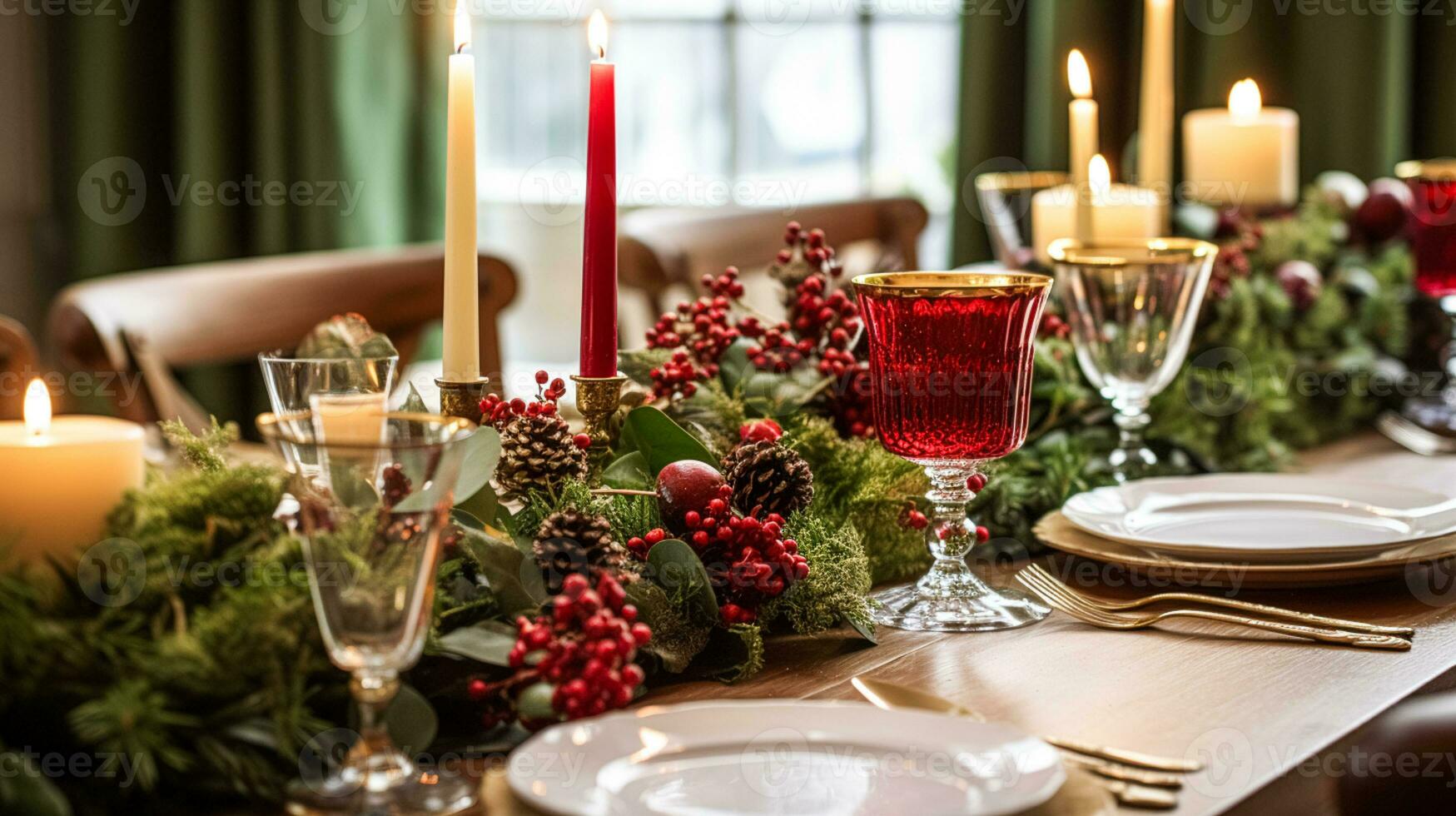 ai generato Natale tavolo arredamento, vacanza tablescape e cena tavolo ambientazione, formale evento decorazione per nuovo anno, famiglia celebrazione, inglese nazione e casa messa in piega foto