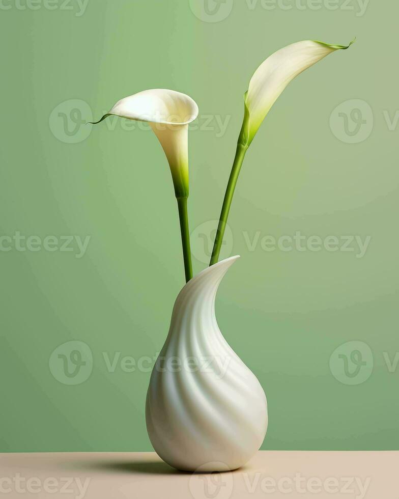 ai generato bianca calla giglio nel un' vaso su un' verde sfondo foto