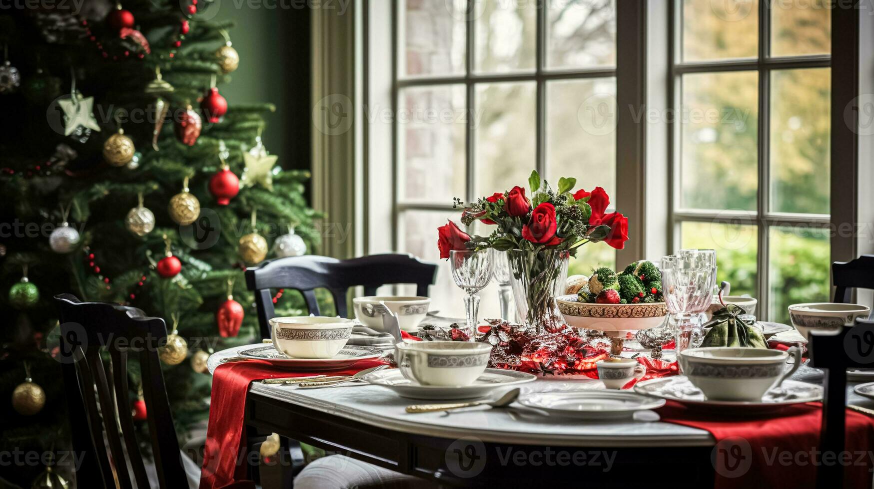 ai generato Natale vacanza famiglia colazione, tavolo ambientazione arredamento e festivo tavolozza, inglese nazione e casa messa in piega foto