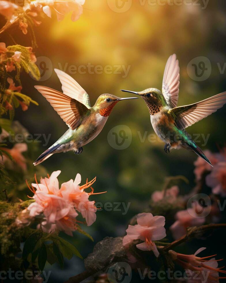 ai generato colibrì seduta su un' ramo di un' fioritura sakura foto