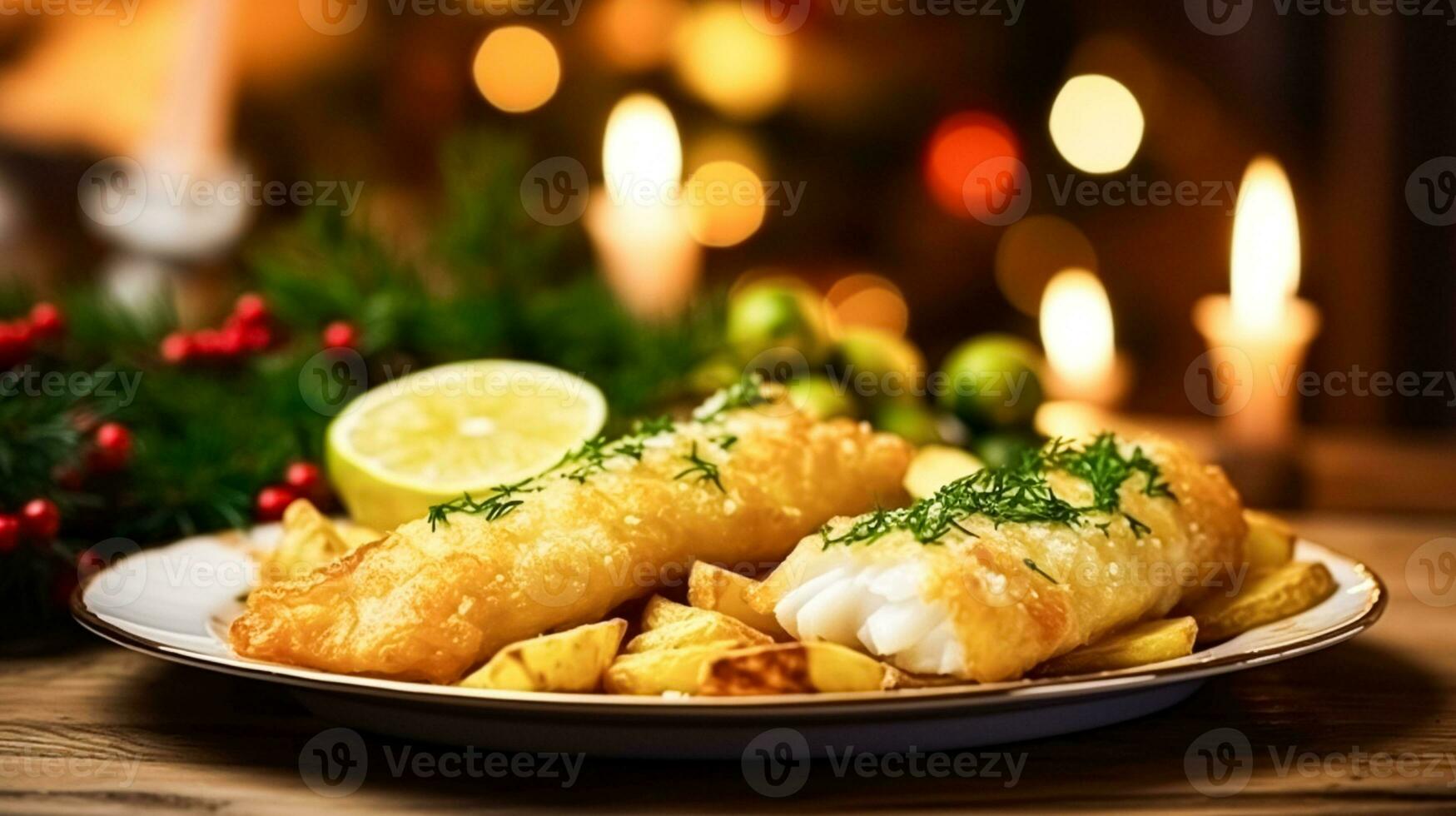 ai generato pesce e patatine fritte per inverno vacanza cena, tradizionale Britannico cucina ricetta nel inglese nazione casa, vacanze celebrazione e fatti in casa cibo foto