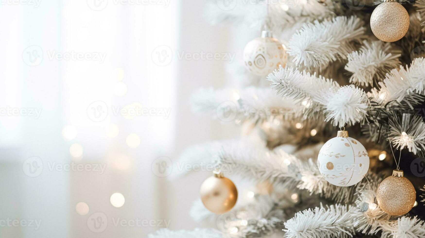 ai generato bianca Natale albero decorazione per il inglese nazione villetta, casa arredamento, Casa nel il campagna e vacanza celebrazione foto