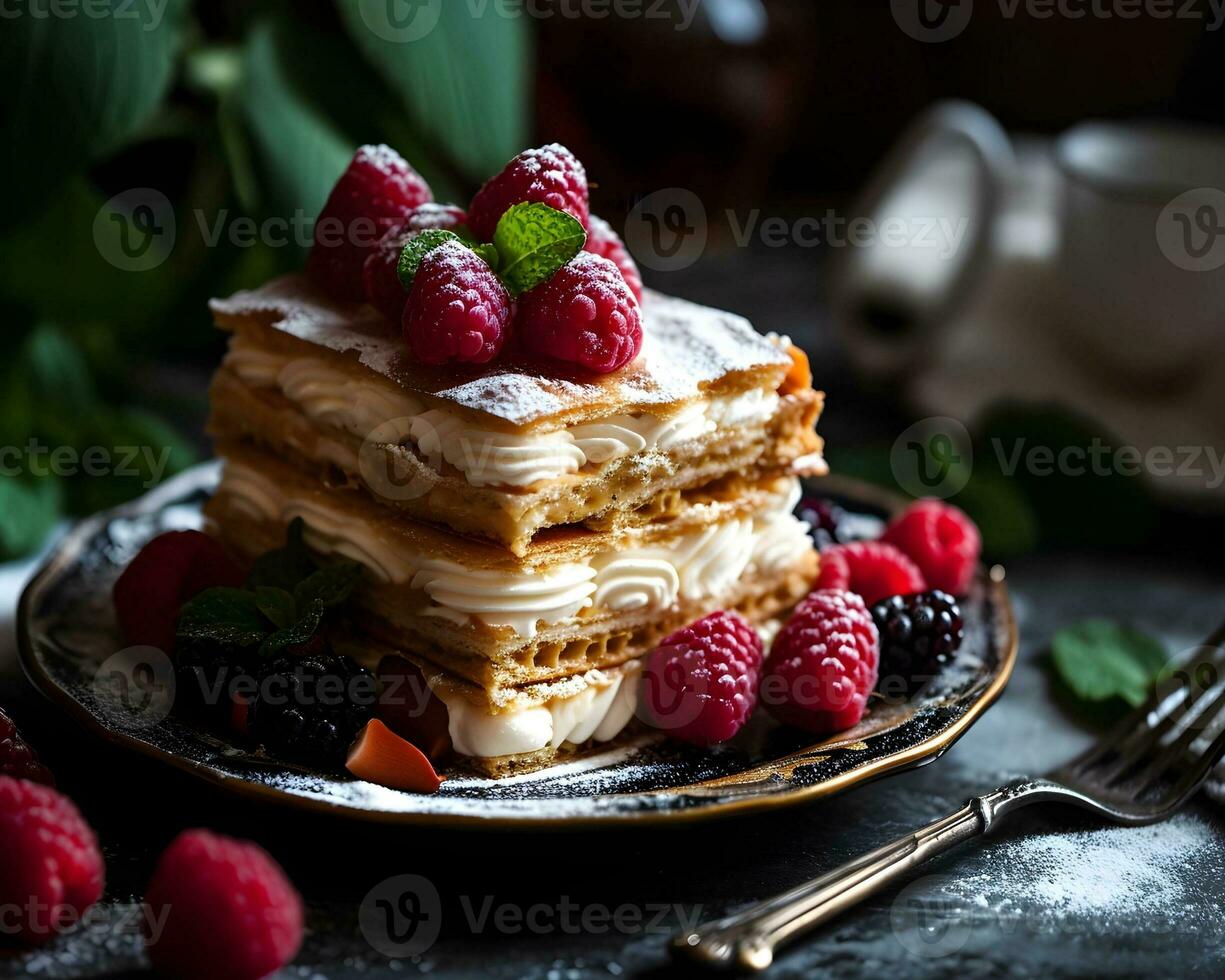 ai generato Pancakes con lamponi e more, selettivo messa a fuoco foto