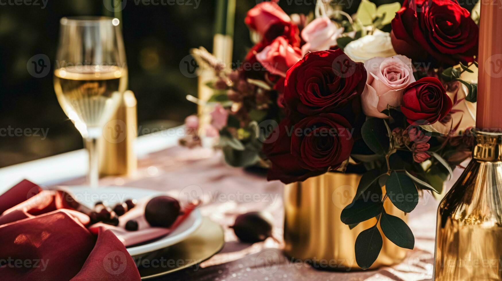 ai generato nozze e evento celebrazione tablescape con fiori, formale cena tavolo ambientazione con Rose e vino, elegante floreale tavolo arredamento per cena festa e vacanza decorazione, casa messa in piega foto
