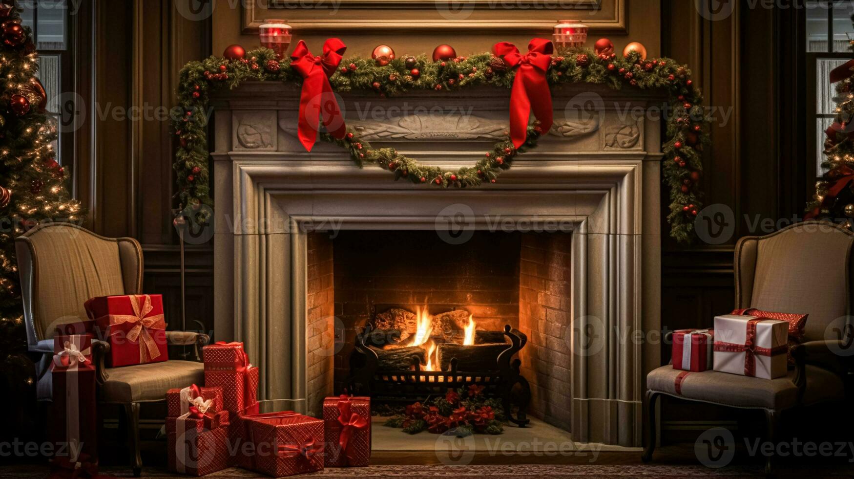 ai generato Natale a il maniero, inglese campagna decorazione e interno arredamento foto