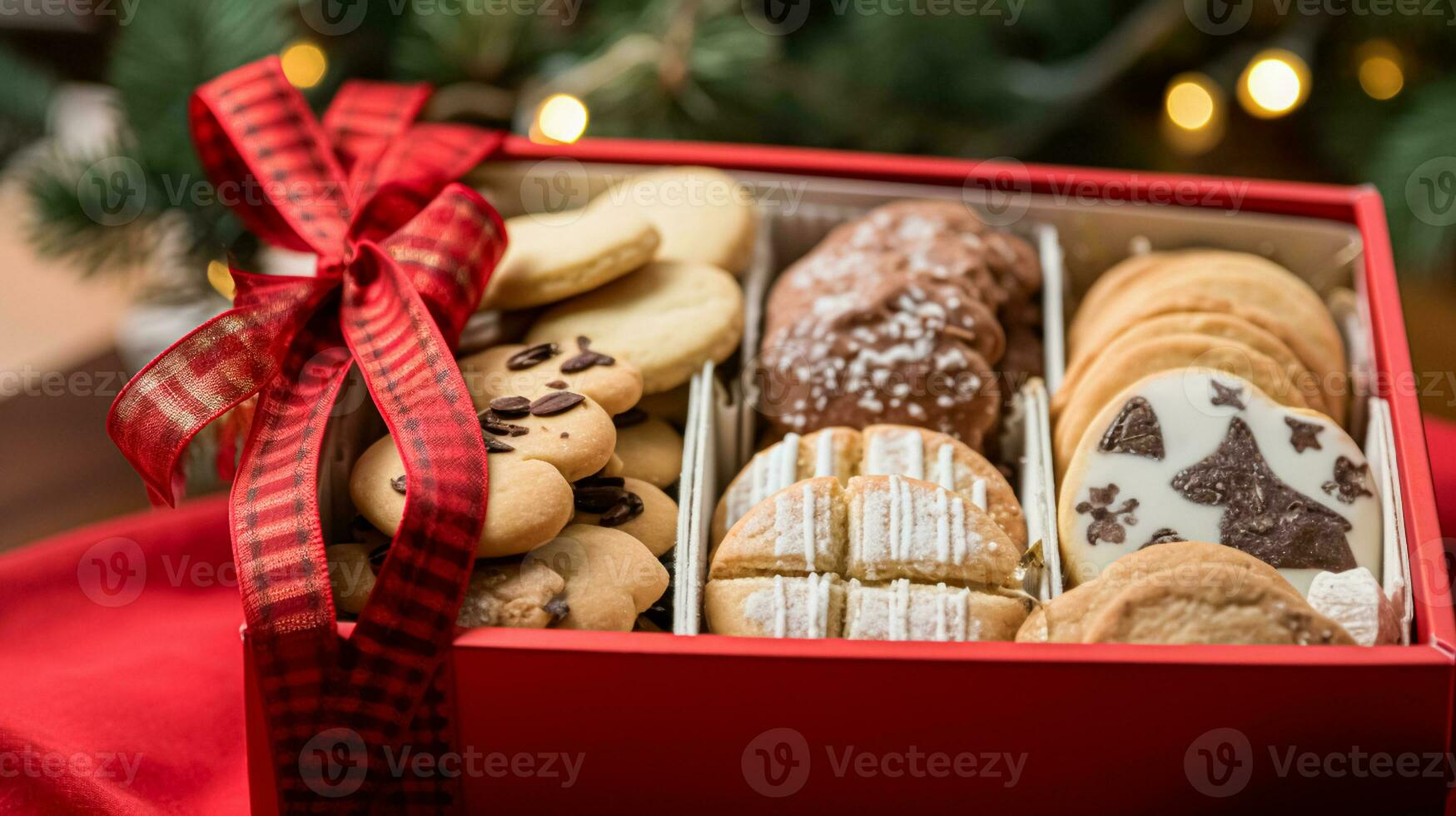 ai generato Natale biscotti, vacanza biscotto regalo scatola e casa cuoce, inverno vacanze presente per inglese nazione tè nel il villetta, fatti in casa biscotto al burro-scozzese e cottura al forno ricetta foto