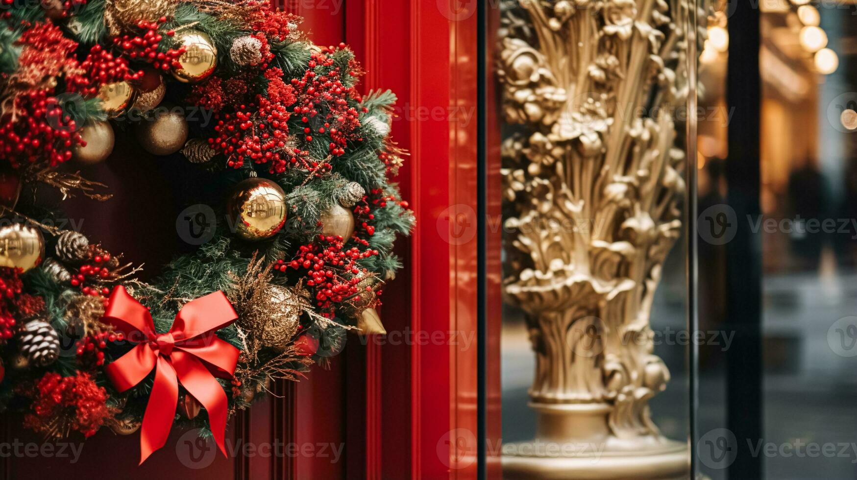 ai generato Natale decorazione dettagli su inglese styled lusso alto strada città memorizzare porta o shopping finestra Schermo, vacanza vendita e negozio arredamento foto