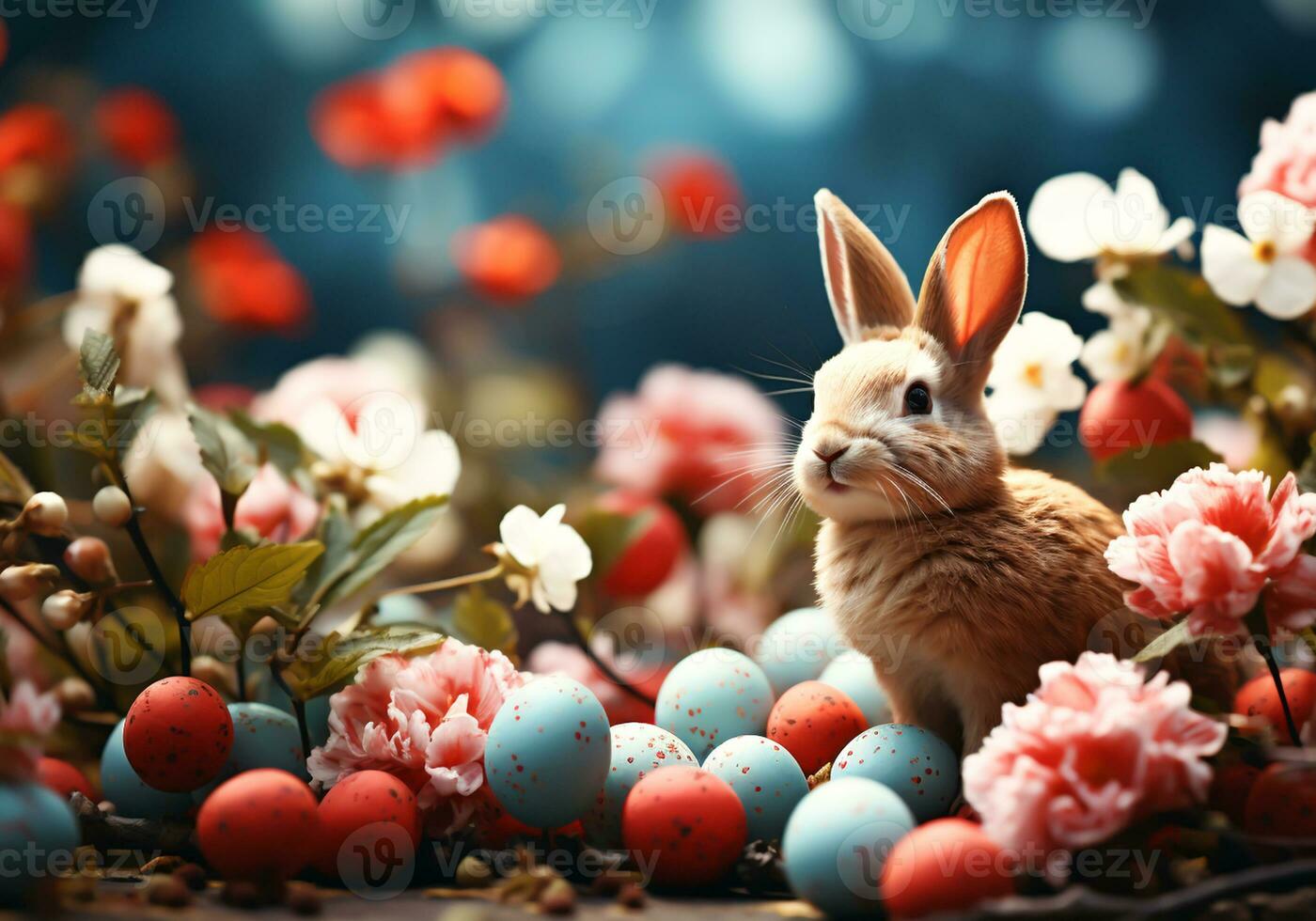 ai generato colorato Pasqua uova con fiori sfondo foto