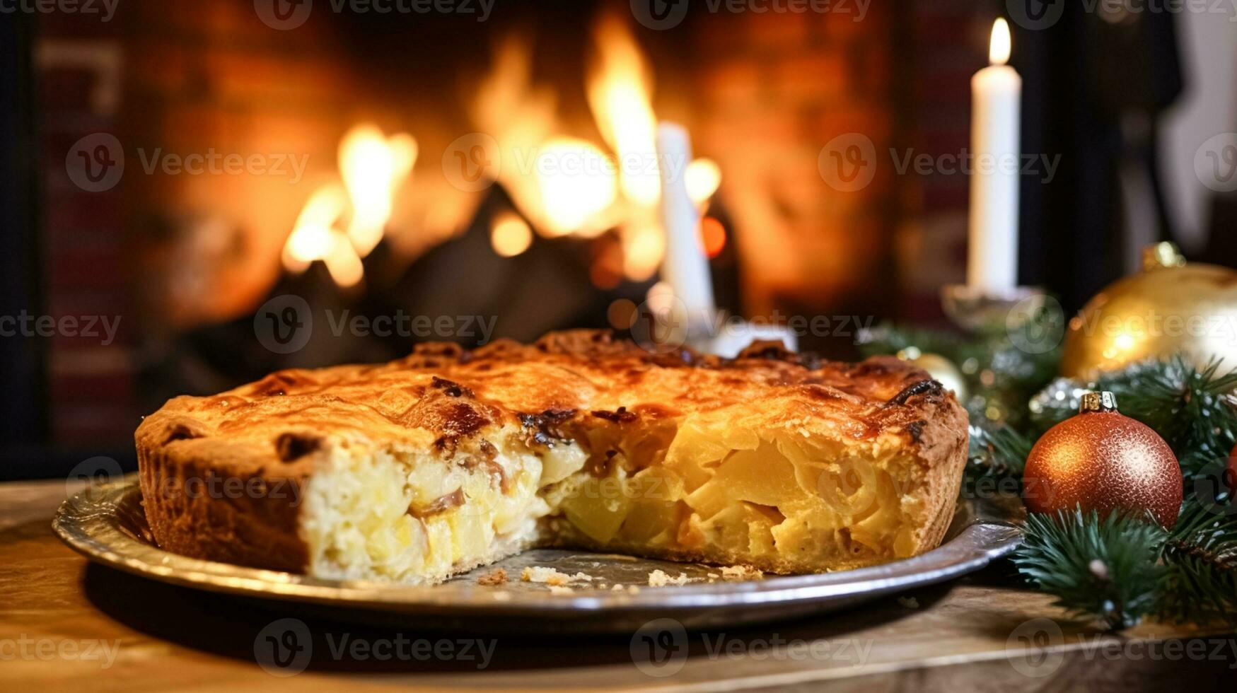 ai generato Natale torta, vacanza ricetta e casa cottura al forno, pasto per accogliente inverno inglese nazione cena nel il villetta, fatti in casa cibo e Britannico cucina foto