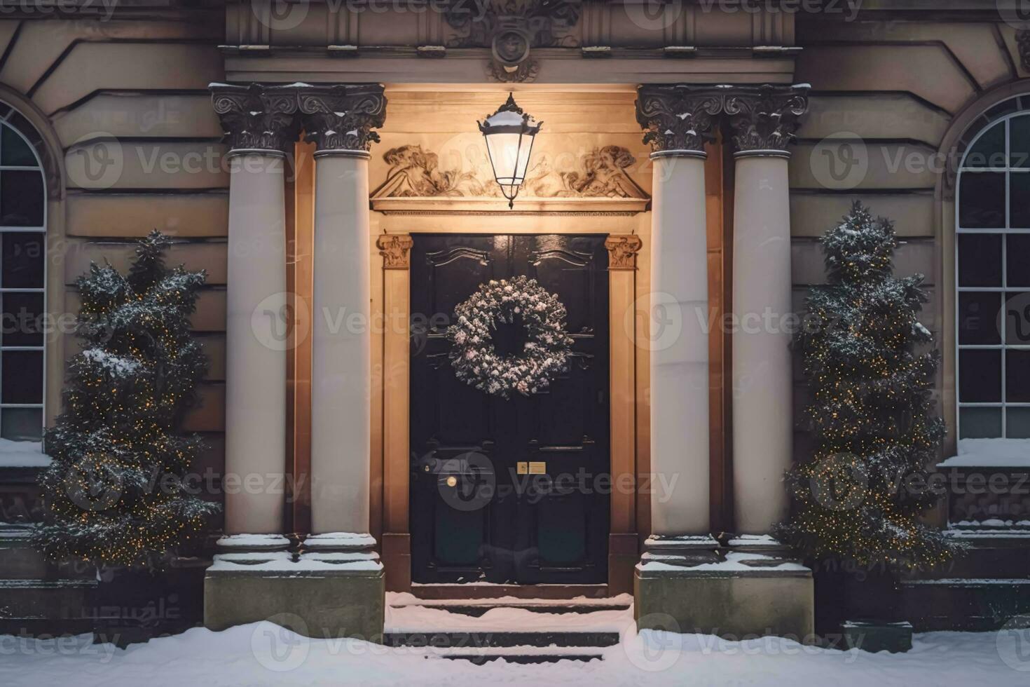 ai generato Natale vacanza, nazione Villetta e nevicando inverno, ghirlanda decorazione su un' porta, allegro Natale e contento vacanze auguri, generativo ai foto