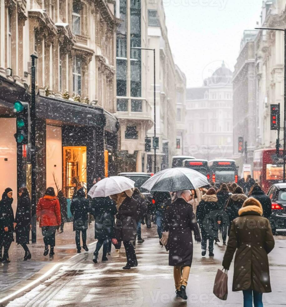 ai generato affollato strada durante Natale acquisti, nevicando inverno nel il città, post-elaborato, generativo ai foto