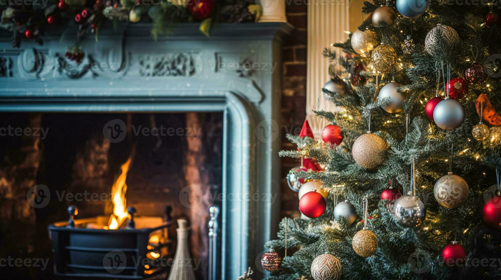 ai generato Natale albero decorazioni per il inglese nazione villetta, casa arredamento, Casa nel il campagna e vacanza celebrazione foto