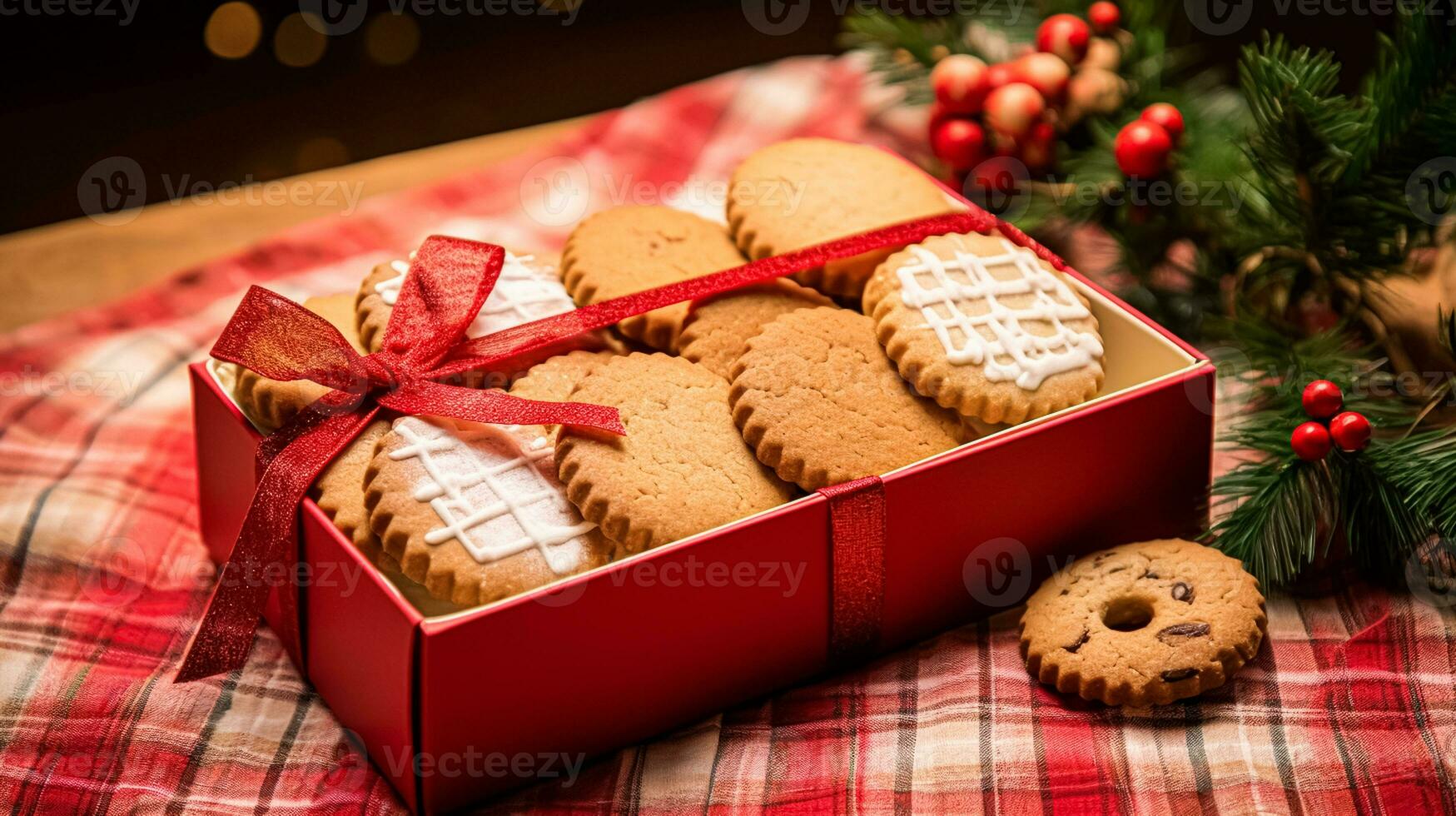 ai generato Natale biscotti, vacanza biscotto regalo scatola e casa cuoce, inverno vacanze presente per inglese nazione tè nel il villetta, fatti in casa biscotto al burro-scozzese e cottura al forno ricetta foto
