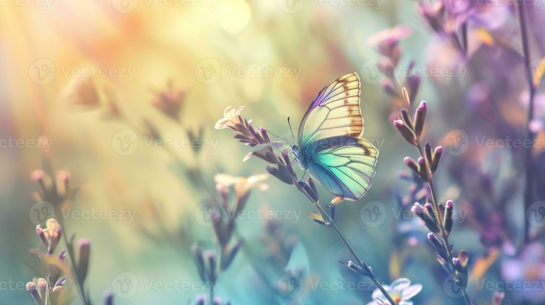 ai generato farfalla su fioritura fiori, con un' sfocato bokeh sfondo. arcobaleno pastello colori. bandiera con copia spazio. ideale per presentazioni, articoli, siti web relazionato per natura, disegno, foto