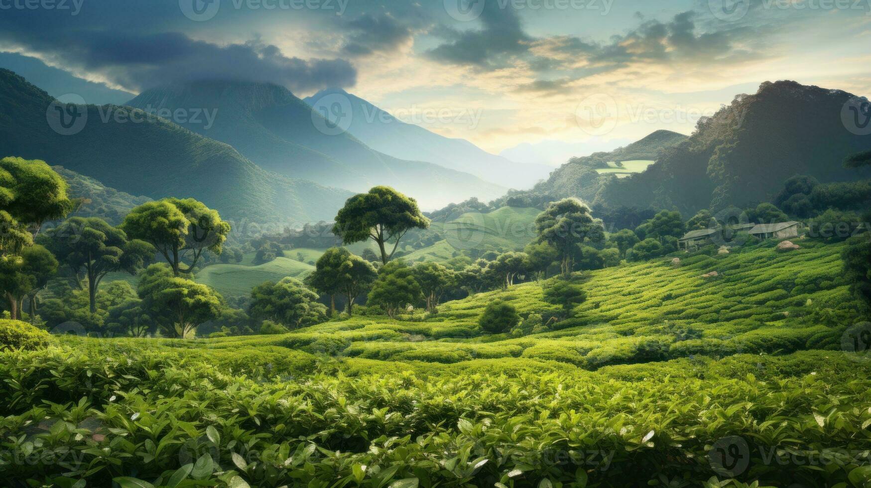 ai generato antico verde tè piantagione paesaggio. un' vasto, ben mantenuto tè piantagione sotto un' chiaro cielo con lontano montagne. tè giardini. ideale per agricoltura e natura temi foto