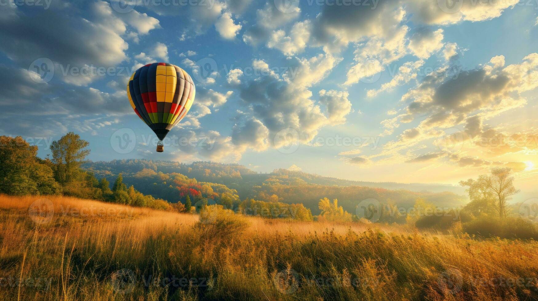 ai generato tramonto Visualizza con un' caldo aria Palloncino al di sopra di un' panoramico paesaggio. Perfetto per sfondi, viaggio blog, o natura documentari. bandiera con copia spazio. foto