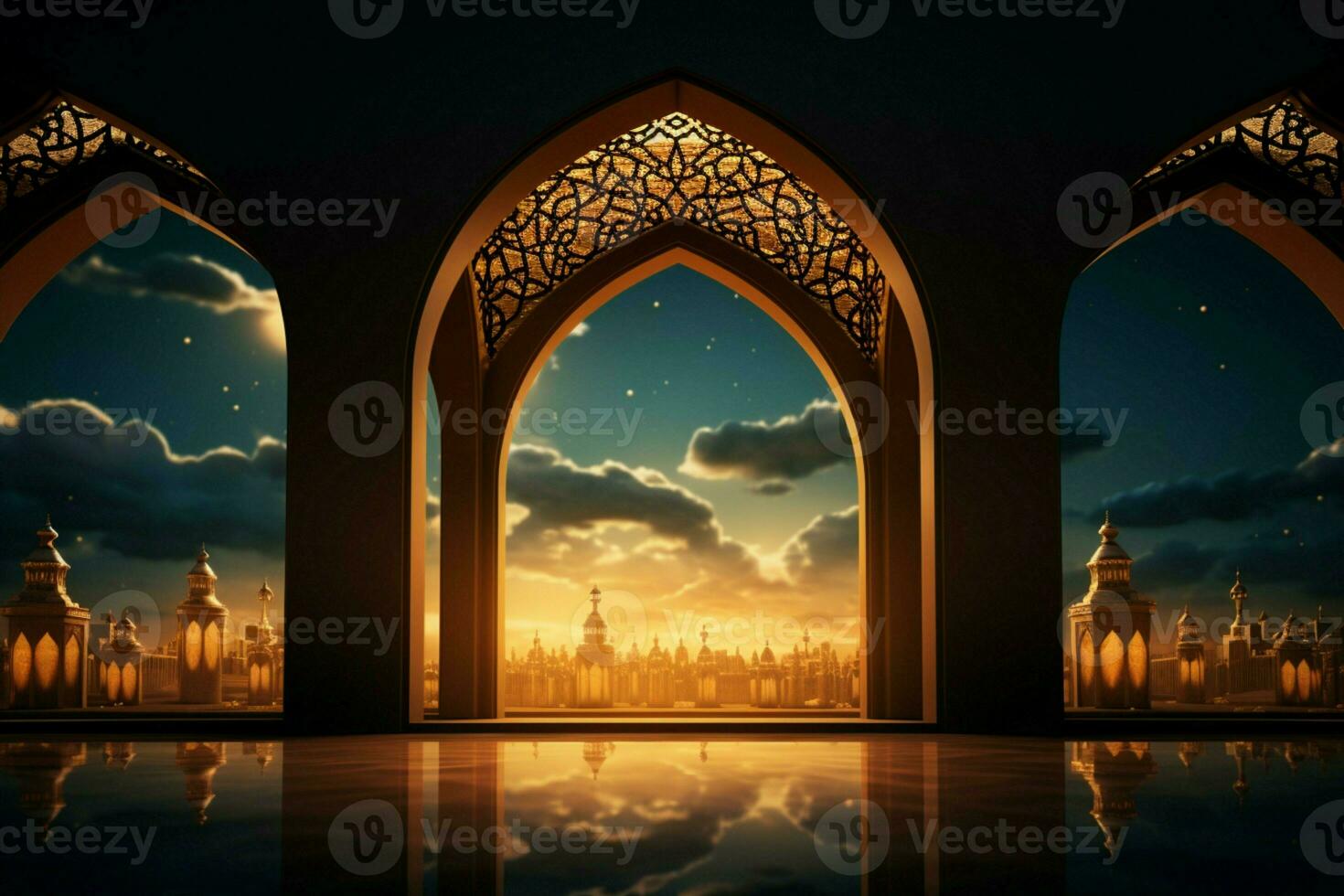 ai generato moschea, lanterna, e finestra fondale nel radiante islamico eid mubarak foto