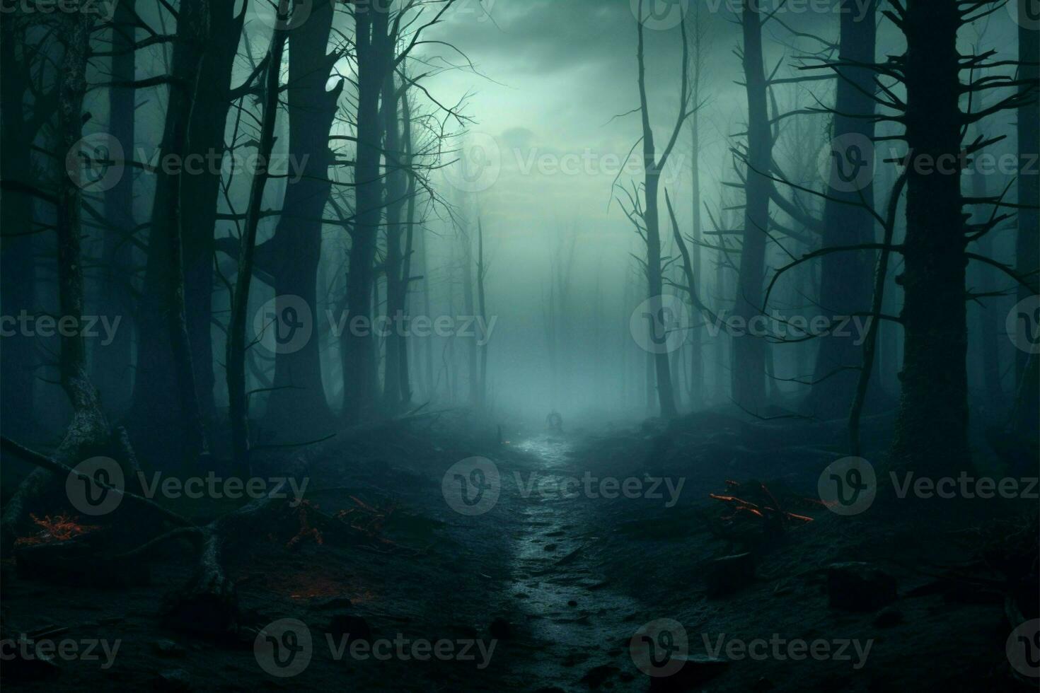 ai generato buio incanto raccapricciante nebbia foresta paesaggio, ossessionante reso nel 3d foto