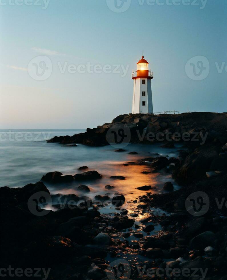 ai generato faro su un' roccia nel il mare a tramonto. lungo esposizione foto