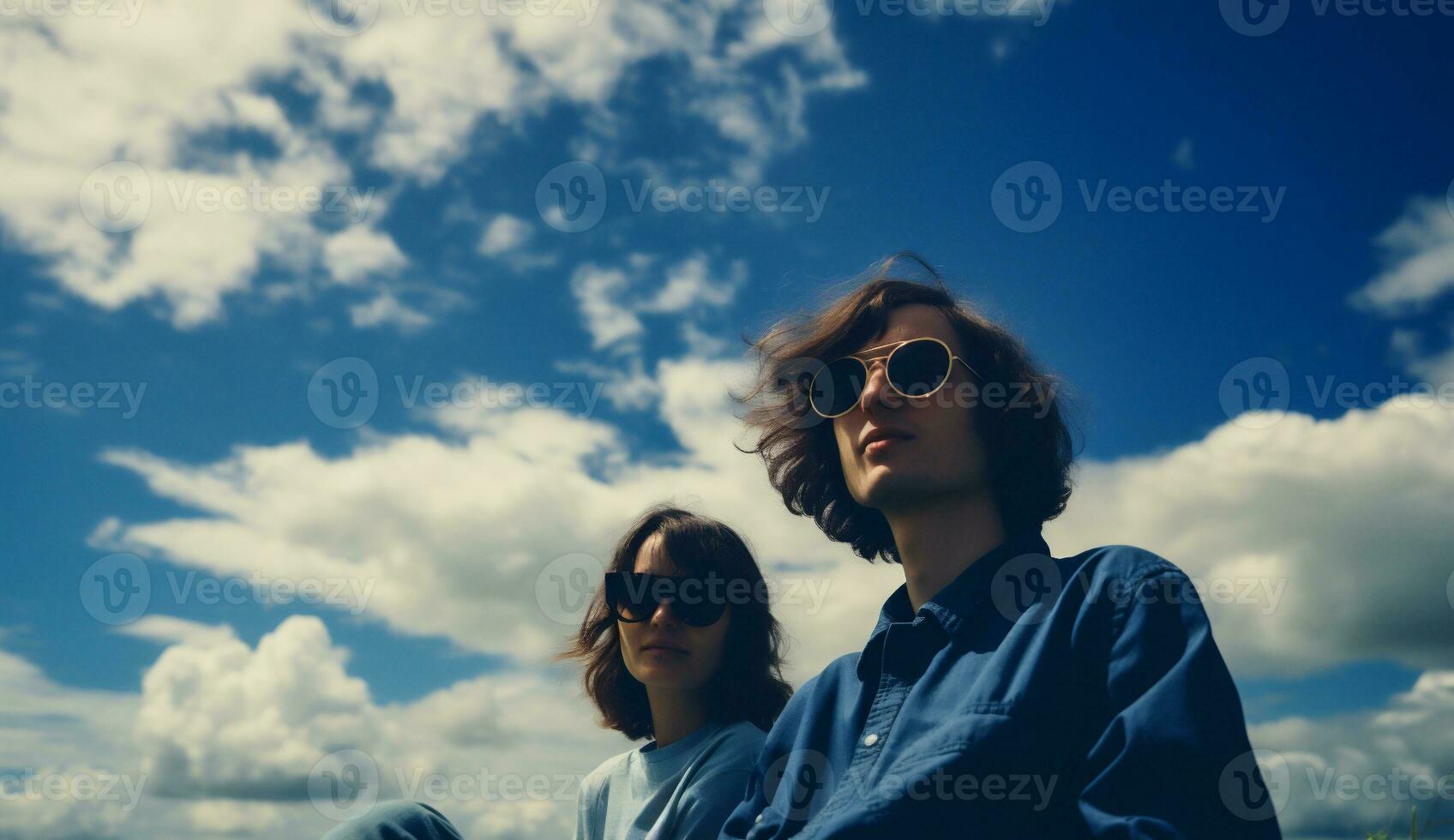 ai generato giovane coppia nel occhiali da sole su il sfondo di blu cielo e nuvole. foto