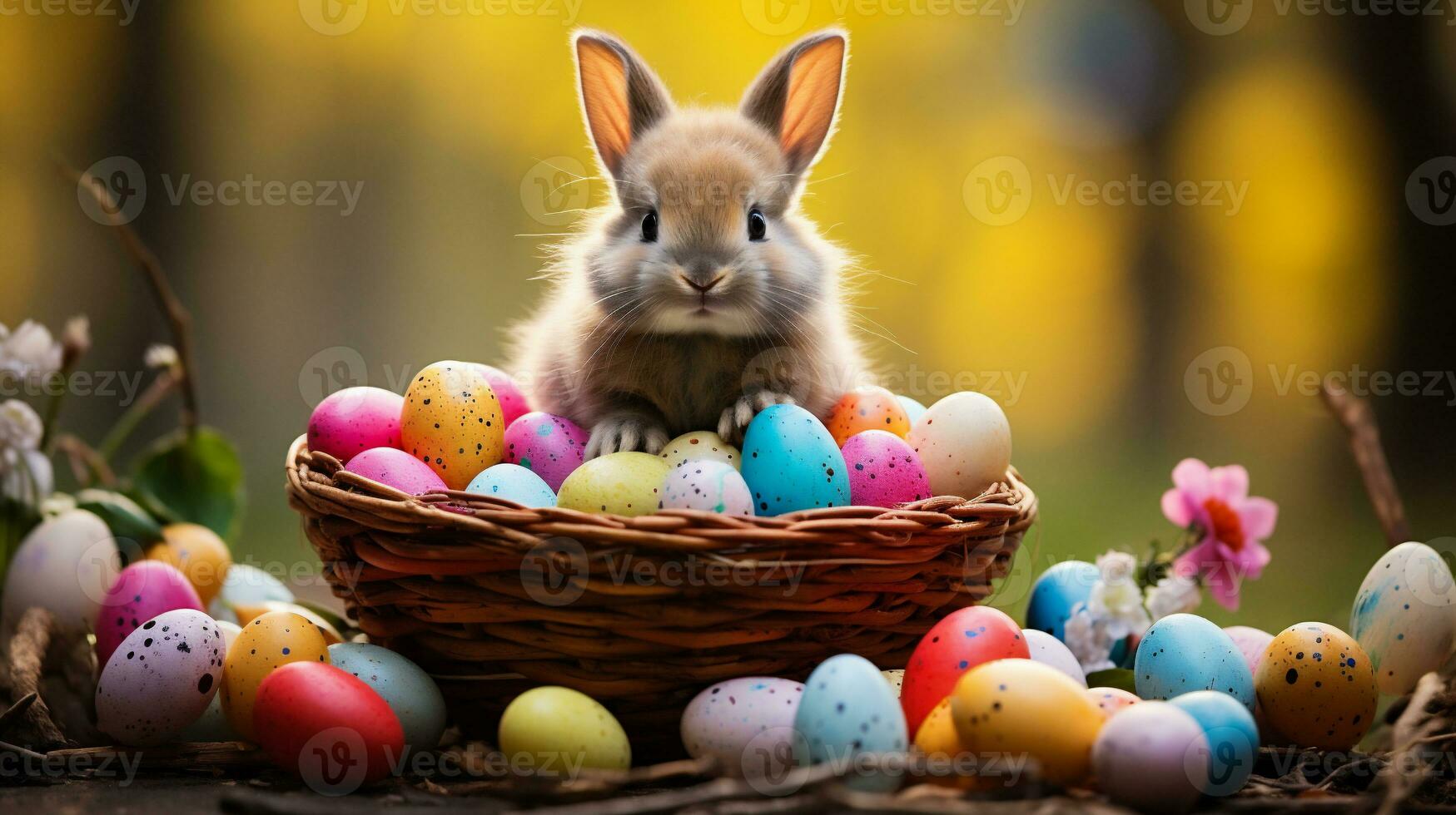 ai generato Pasqua coniglietto con colorato uova su di legno sfondo. contento Pasqua. foto