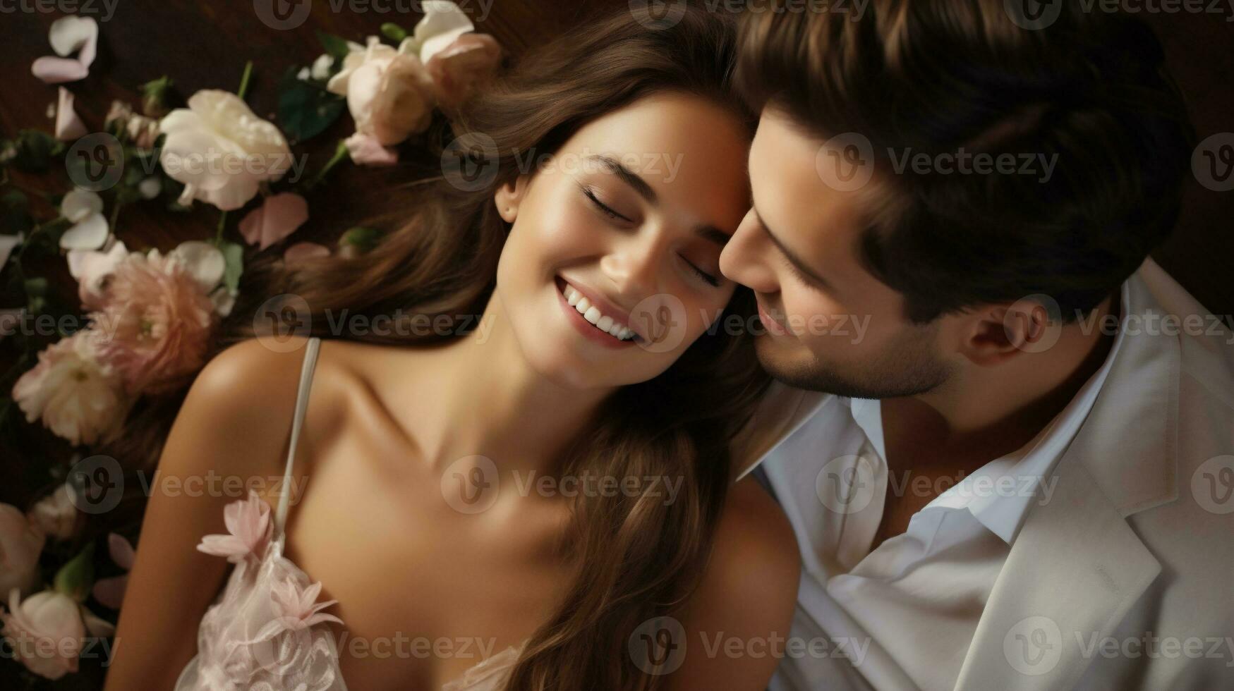 ai generato bellissimo giovane coppia nel amore, sorridente e guardare a ogni altro foto