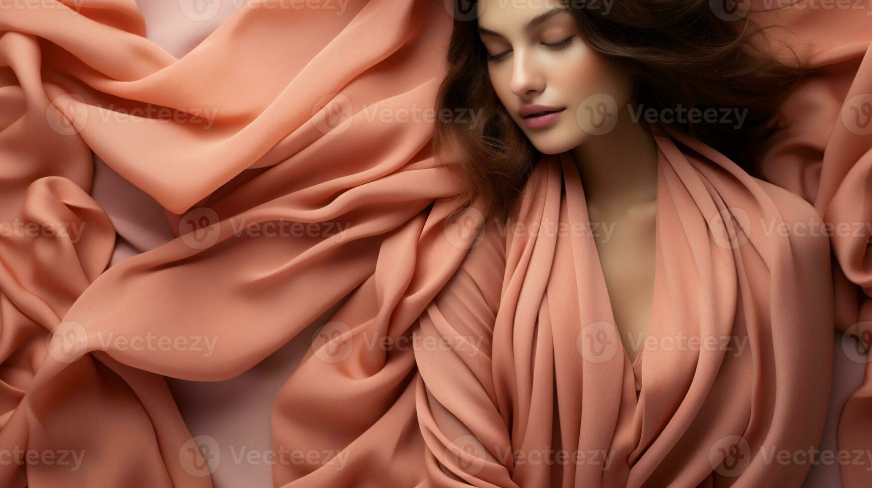 ai generato bellissimo giovane donna nel rosa seta sciarpa. bellezza, moda. foto