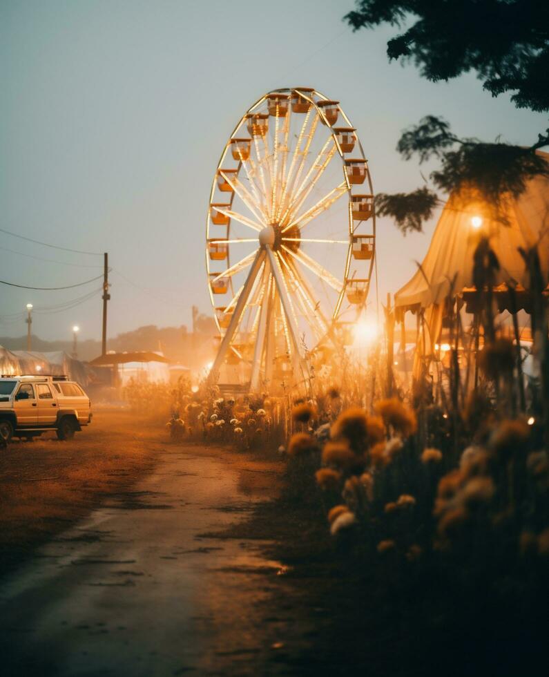 ai generato Ferris ruota su il strada nel il sera. Vintage ▾ stile. foto