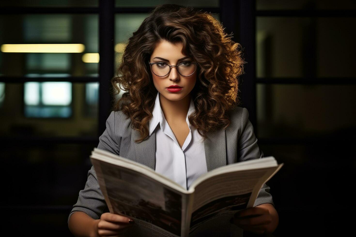 ai generato ritratto di un' giovane donna d'affari lettura un' rivista nel il ufficio, attività commerciale donna lettura giornale, ai generato foto