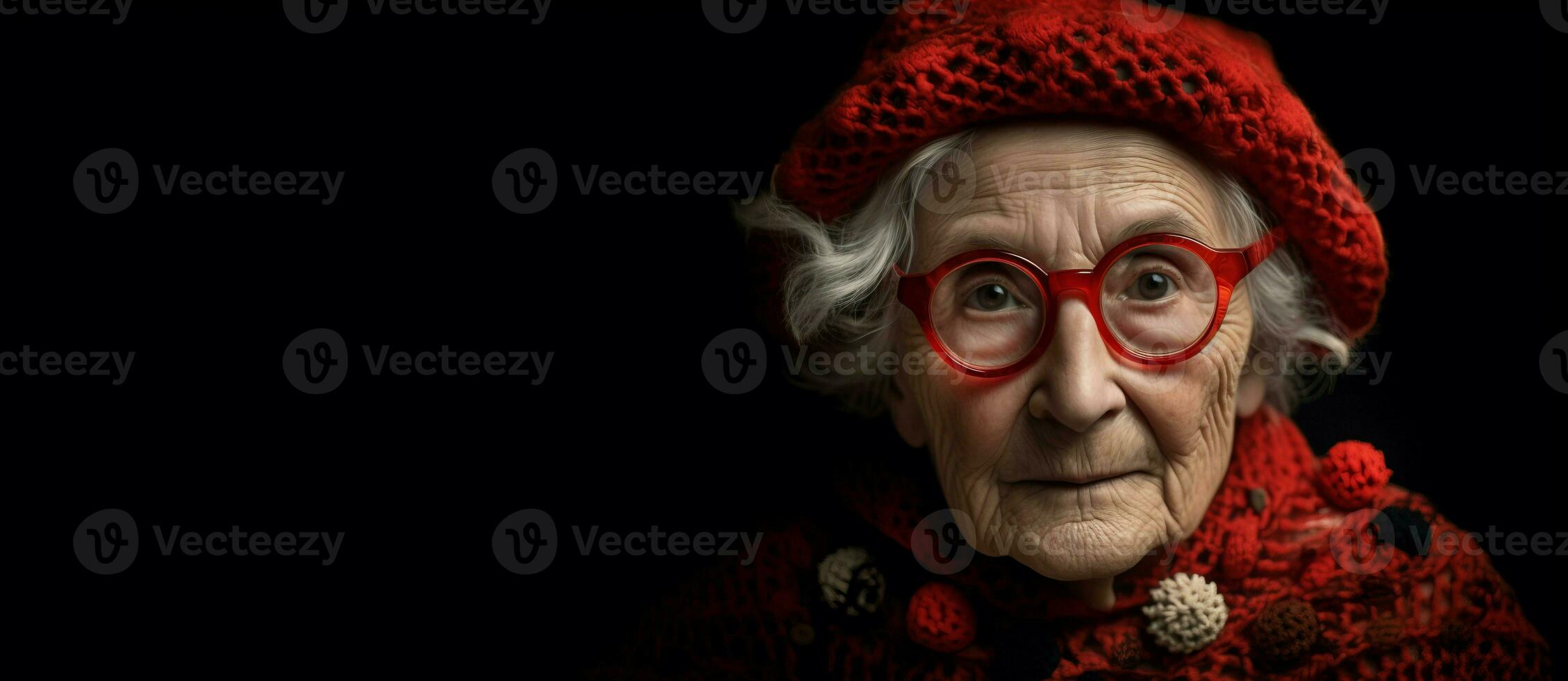 ai generato alla moda vecchio donna rosso su nero striscione. creare ai foto